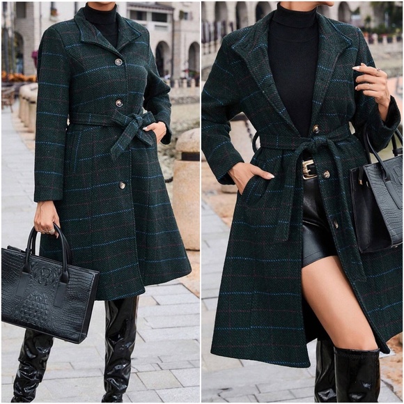 BellanBlue Jackets & Blazers - Classic Plaid Print Button Belted winter Jacket Trench Coat